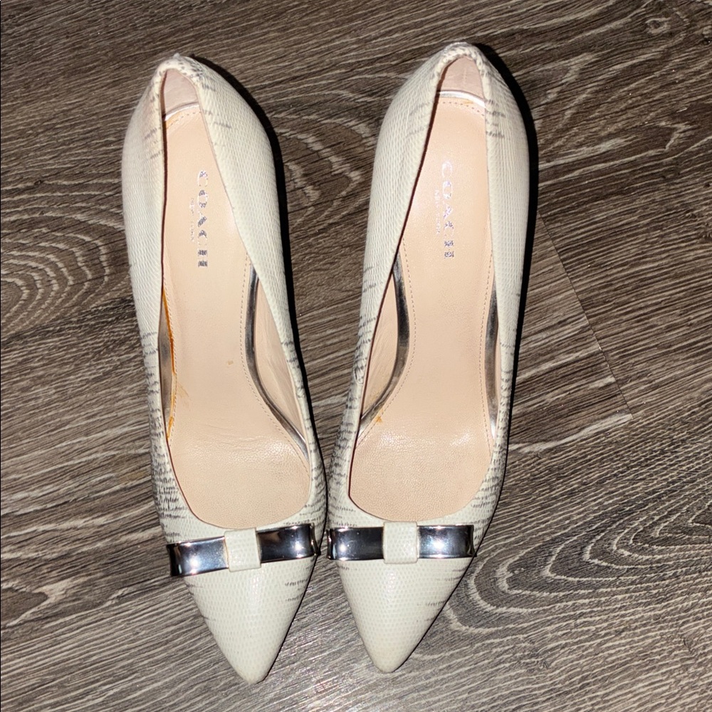 Women's Pointed Toe Cream Pumps with Silver Accent